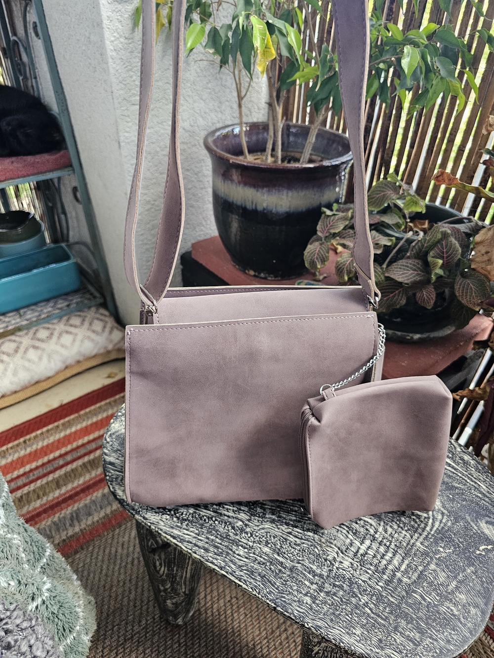 Women's Mauve Faux Suede Crossbody Bag with Matching Pouch